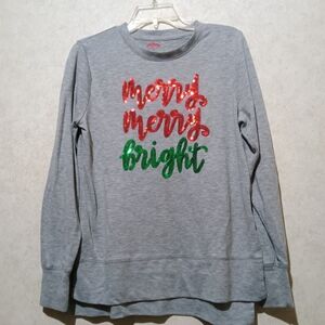 Holiday Time "merry merry bright" red & green on a grey sweater size small (4-6)